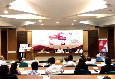 Panel discussion on Dharma and Nyaya hosted by Samay Yaan at India Habitat Centre with scholars and legal experts discussing ancient Indian jurisprudence.